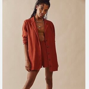 Free People Beach Rust Orange Ribbed Knit Blazer Lizzie Romper Long Sleeve XL